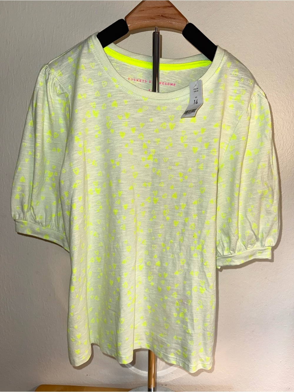 Rockets of Awesome puffed sleeve top with neon heart pattern, size 14, NWT
